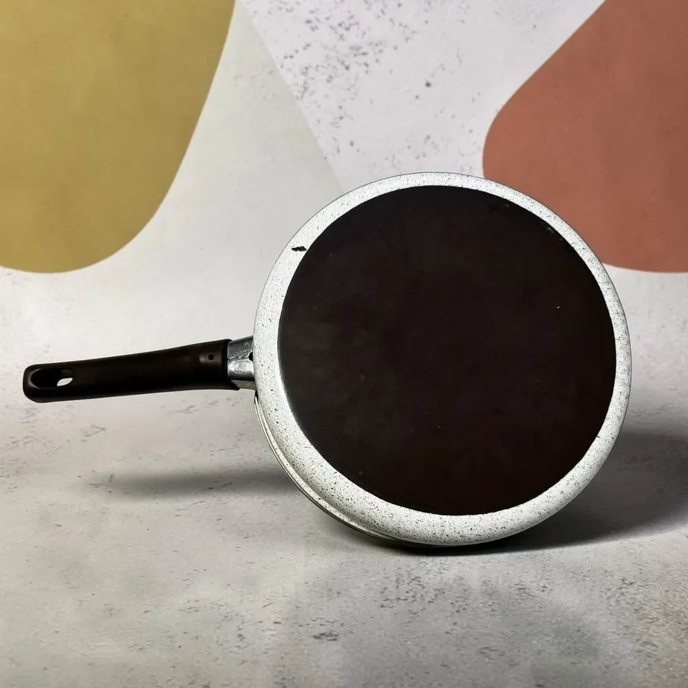 Vintage 1970s Speckled Enamelware Skillet Pan Orange Yellow Brown Floral